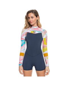 Roxy Womens 2/2mm Syncro BZ L/S Shortie Wetsuit - Jet Grey/Coral Flame
