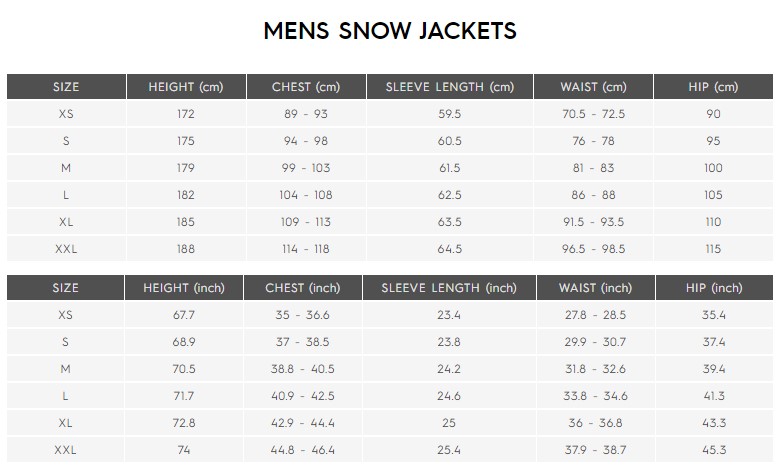 quiksilver snow jackets size guide
